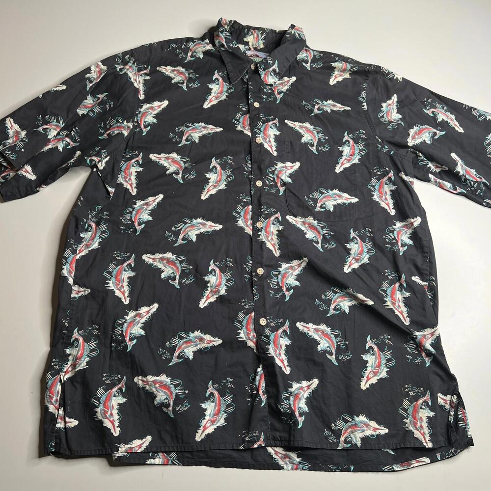 90s Reyn Spooner Size XL Hawaiian Shirt Black Fish Print Vintage Short Sleeve